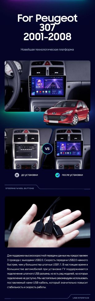 Штатная магнитола Teyes CC3 2K 4/64 Peugeot 307 1 (2001-2008)