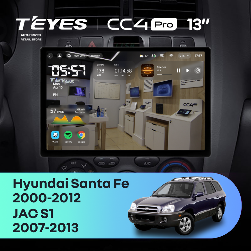 Штатная магнитола Teyes CC4 Pro 8/128 Hyundai Santa Fe SM (2000-2012) (13")